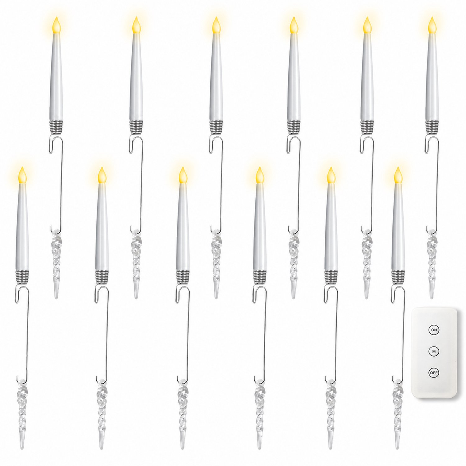 SWGOTA led kaarsen, set van 12 met haken en ijspegeldecoratie, inclusief afstandsbediening, voor kerst- en feestdecoratie Wit