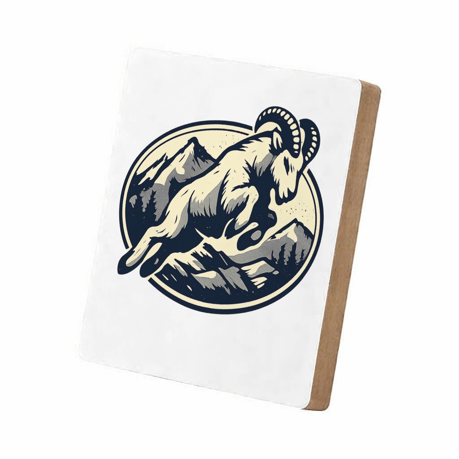 Mr Cadeautjes MDF staande fotolijst 15,2 x 15,2 - design Een krachtige berggeit die schuin over een ronde badge sprin | cadeau Wit