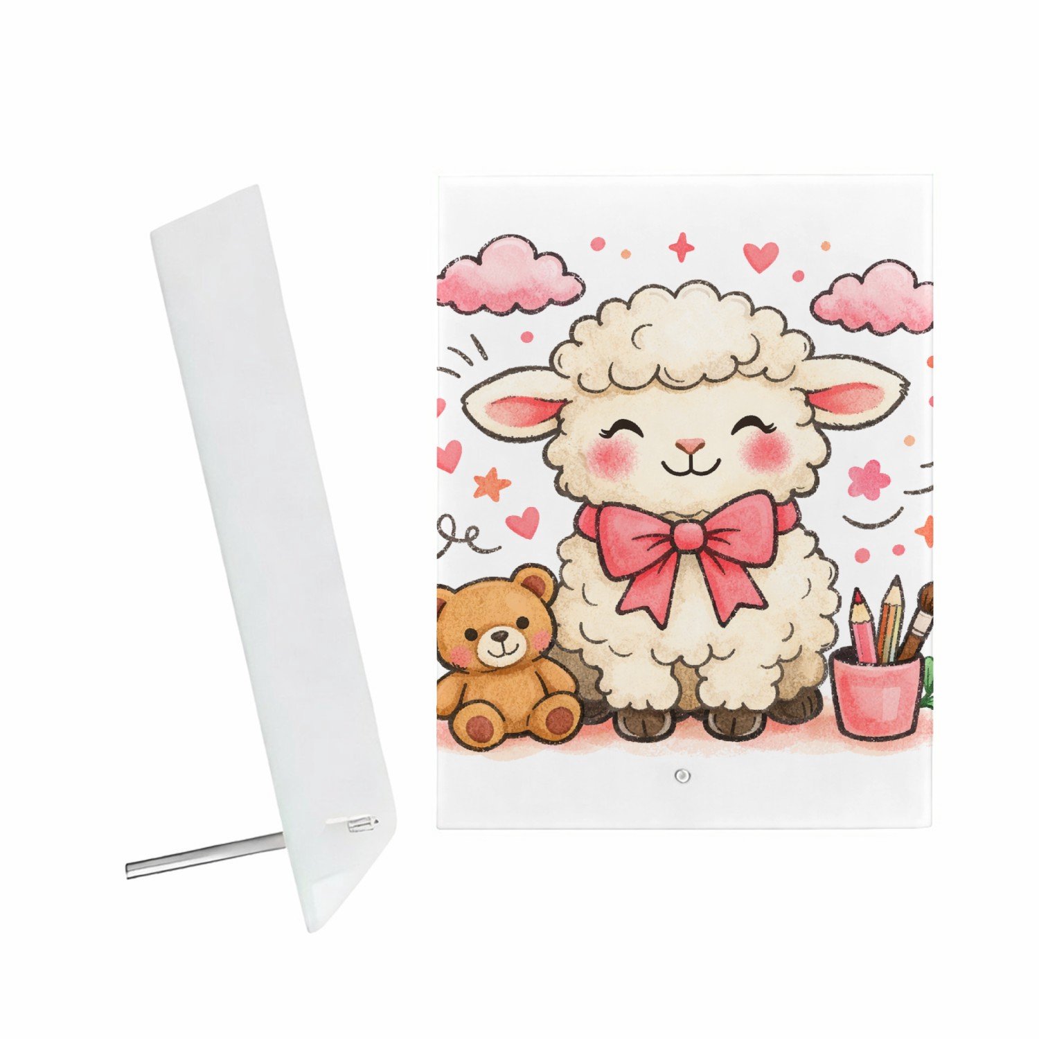 Mr Cadeautjes Glazen fotopaneel Een feestelijk complimentdesign met een zachte dierfiguur en - 15 x 20 cm, staand - glas, decoratie, wanddecoratie | cadeau Wit