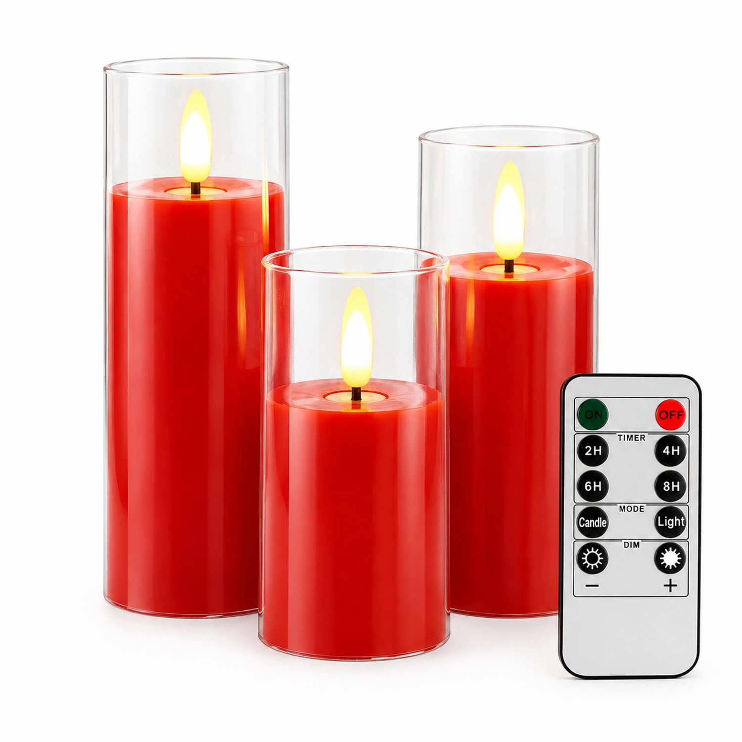 SWGOTA led kaarsen, rode set van 3 met afstandsbediening, transparante cilindervormige kappen en vlamvormige verlichting voor feestdecoratie Rood