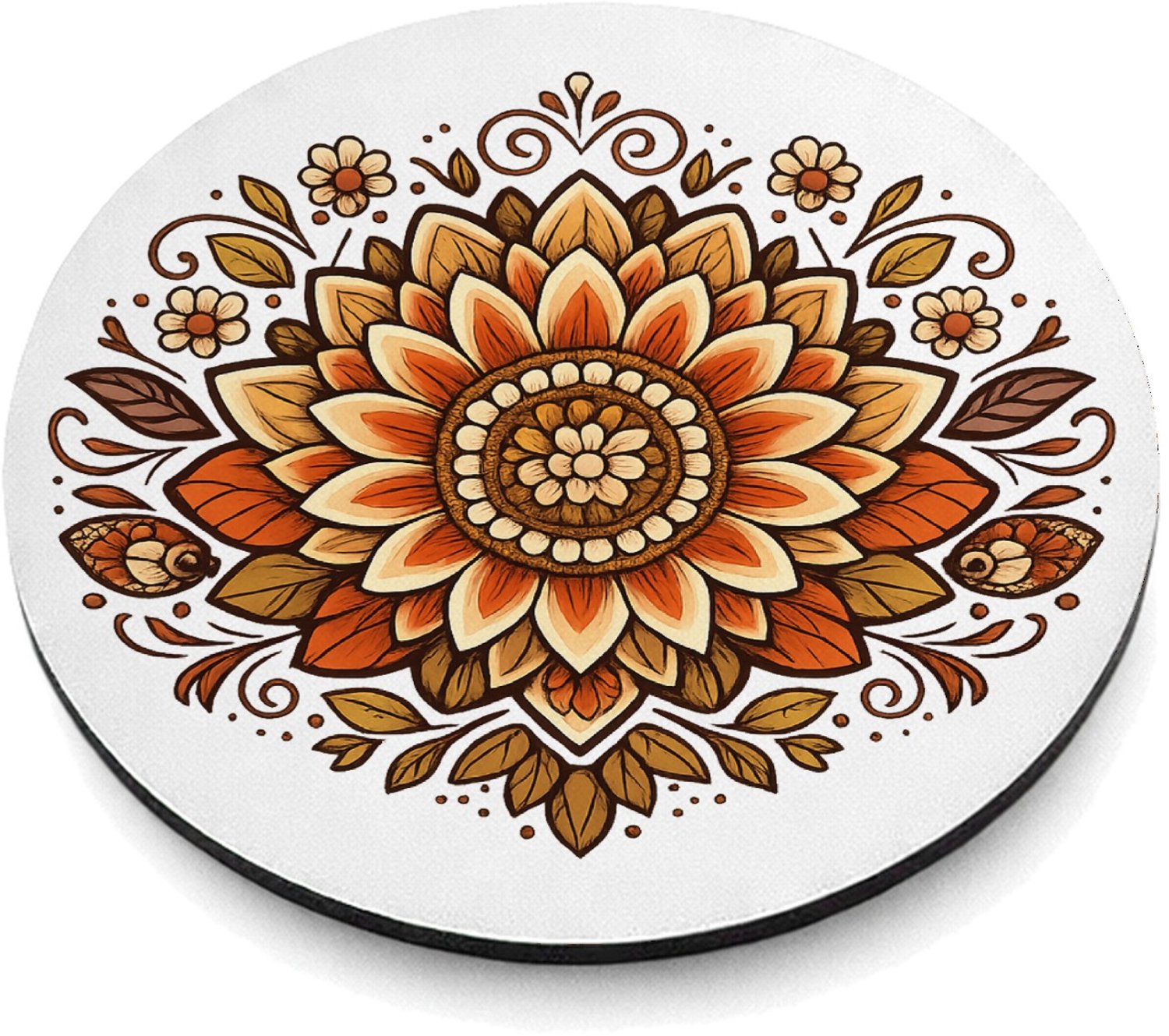 Mr Cadeautjes MDF magnetische fotolijst rond Ø 9,5 - design Een rustige, symmetrische zonnebloemmandala met zachte boogl | cadeau Wit