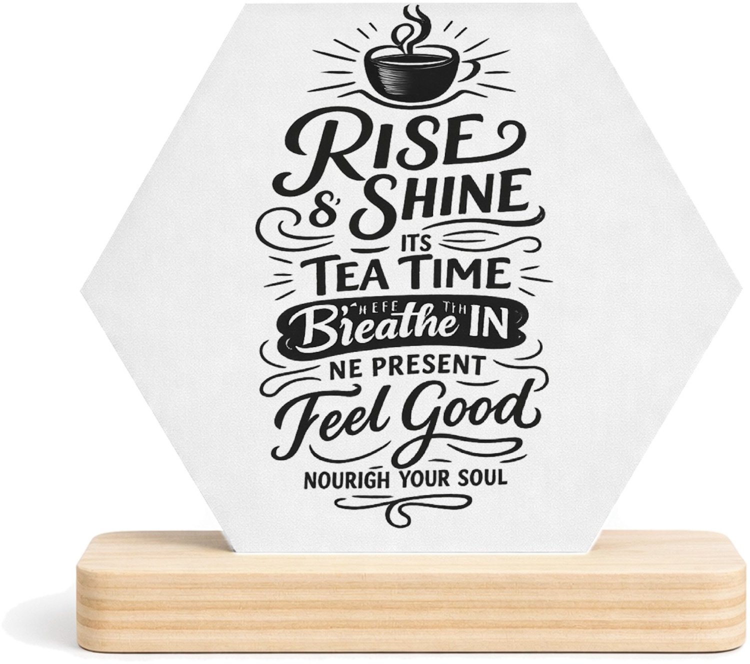 Mr Cadeautjes MDF fotolijst/inleg hexagon 14 x 13 - design Een ochtendthema met een warme drank en een positieve boodsc | cadeau Wit