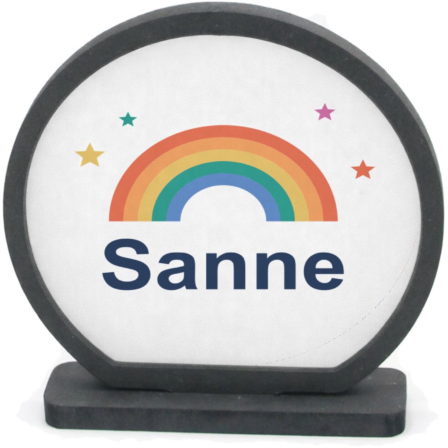 Mr Cadeautjes Houten fotolijst rond met MDF inleg - design Regenboog met naam Sanne | cadeau Wit