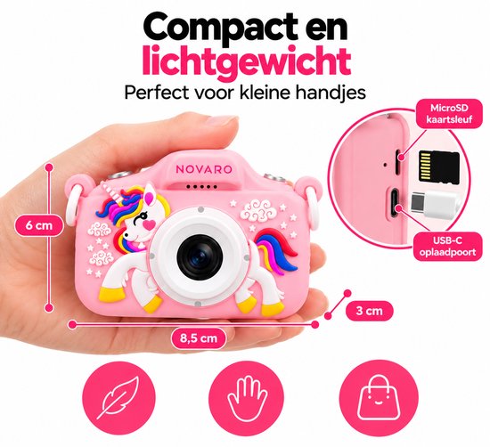 Compacte roze eenhoorncamera in hand gehouden, met microSD-sleuf en USB-C oplaadpoort.