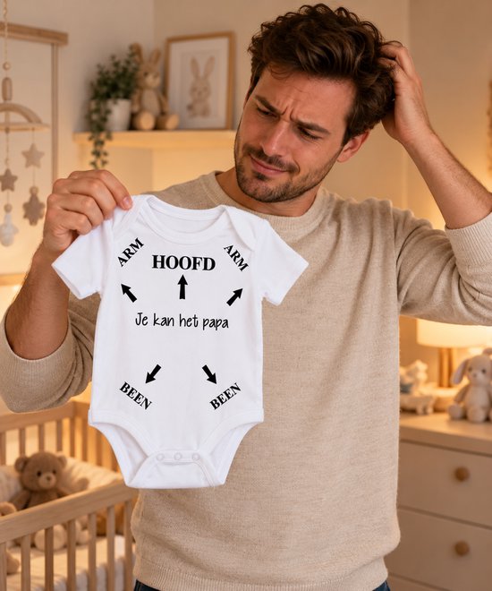 Vader houdt wit rompertje vast met de tekst Hoofd, Arm, Been en pijlen, met daaronder Je kan het papa.