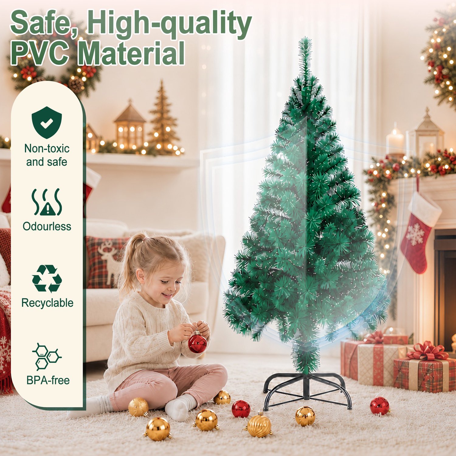 Kerstboom – 210cm Kunstkerstboom – Groen PVC met standaard – foto 3