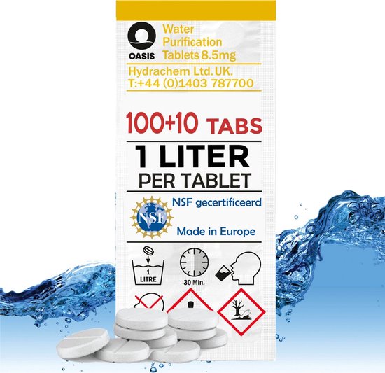 Oasis waterzuiveringstabletten, 110 stuks, 1 liter per tablet met NSF-certificering en gebruiksinstructies.