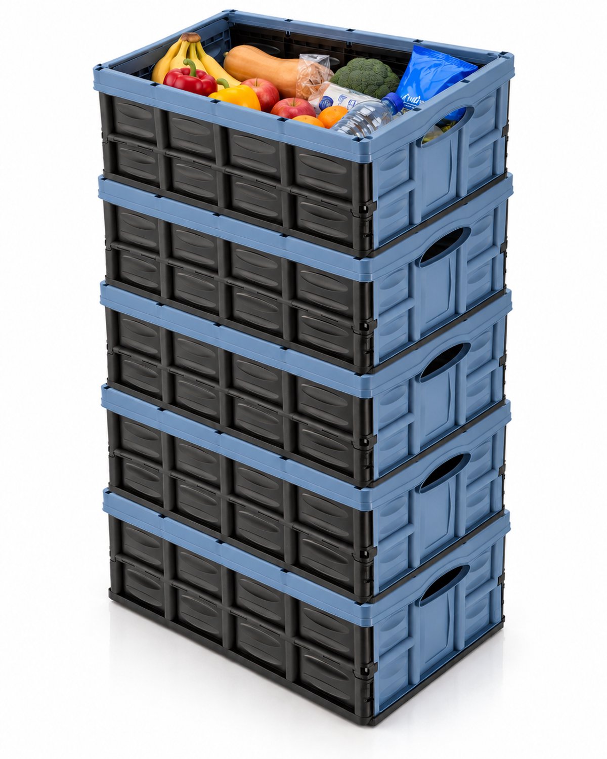 Vouwkrat 45 Liter - Set van 5 Vouwkratten - Klapkrat & Boodschappenkrat - Opvouwbare Kunststof Krat - 52,2 x 38,8 x 25,7 cm - Blauw/Zwart