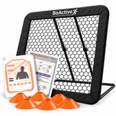 BoActive® Voetbal Rebounder 124x124 cm - Verstelbare Kickback Bouncer - Tchouk met Trainingsboekje, Spelerskaart & 6 Pionnen - Zwart
