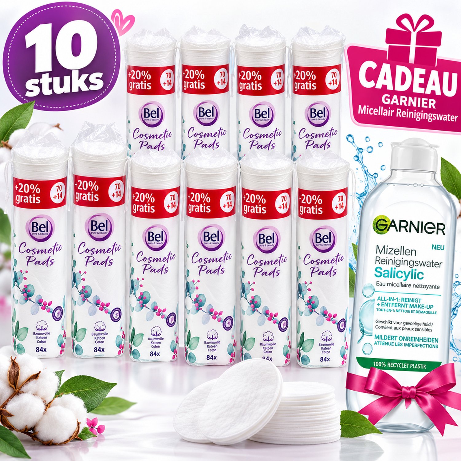Bel Cosmetic Pads Wattenschijfjes – 10 Verpakkingen x 84 Stuks – 840 Wattenschijfjes – Voor Make-up Verwijderen & Gezichtsreiniging – Met Garnier Micellair Reinigingswater Cadeau