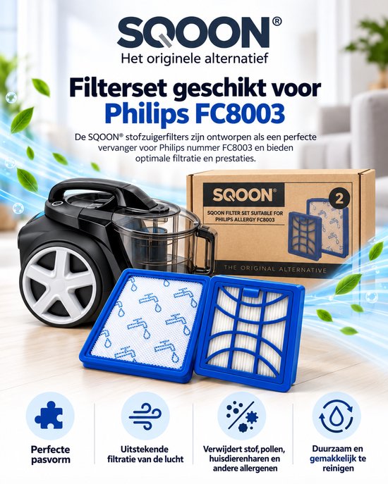 SQOON-filterset voor Philips FC8003, inclusief verpakking en stofzuiger. Blauwe filters met een wasbaar ontwerp.