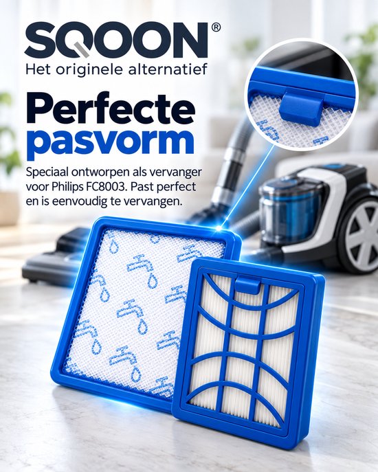 SQOON-filterset voor Philips FC8003 met blauwe randen en een speciaal patroon. Perfecte pasvorm voor stofzuigers.