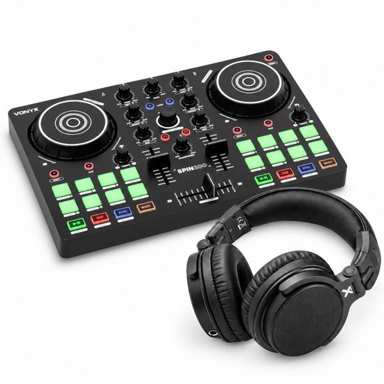 Vonyx Spin200 DJ-controller met verlichte pads, draaiknoppen en bijpassende zwarte over-ear koptelefoon.