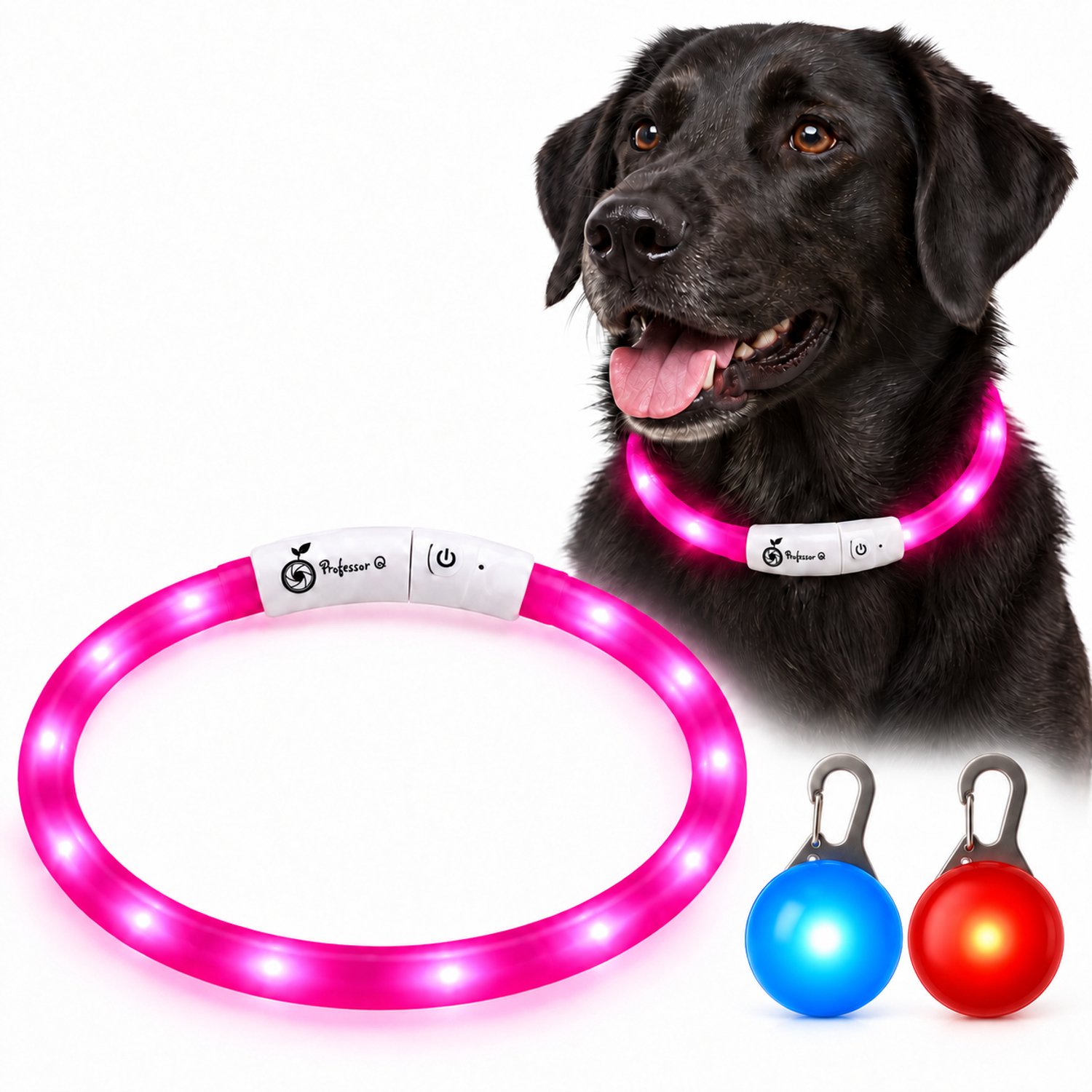 Professor Q LED Hondenhalsband Set - Roze XL 71 cm - USB Oplaadbaar - 3 Lichtstanden - Met Blauw en Rood LED Lampje