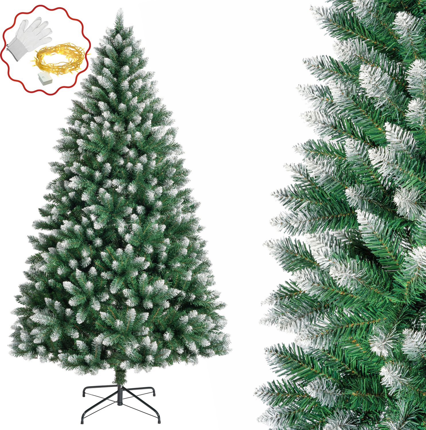 VANKEL Kunstkerstboom 150 cm – Besneeuwde Kerstboom van PVC – 446 Volle Takken – Inclusief Lichtsnoer – Stevige Metalen Voet – Winterse Kerstdecoratie