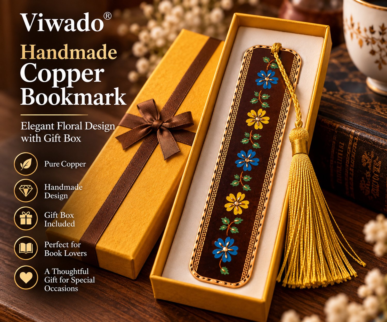 Handgemaakte Bladwijzer van Puur Koper 15 x 3 cm, 0,5 mm Bloemenbladwijzer met Gouden Kwastje, Elegant Bruin Bloemontwerp, Inclusief Geschenkdoos, Decoratieve Leesbladwijzer voor Boekenliefhebbers, Dames & Heren