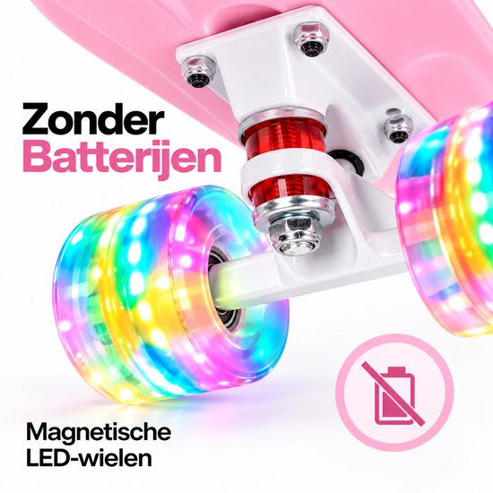 Detailopname van roze skateboard met magnetische LED-wielen zonder batterijen.