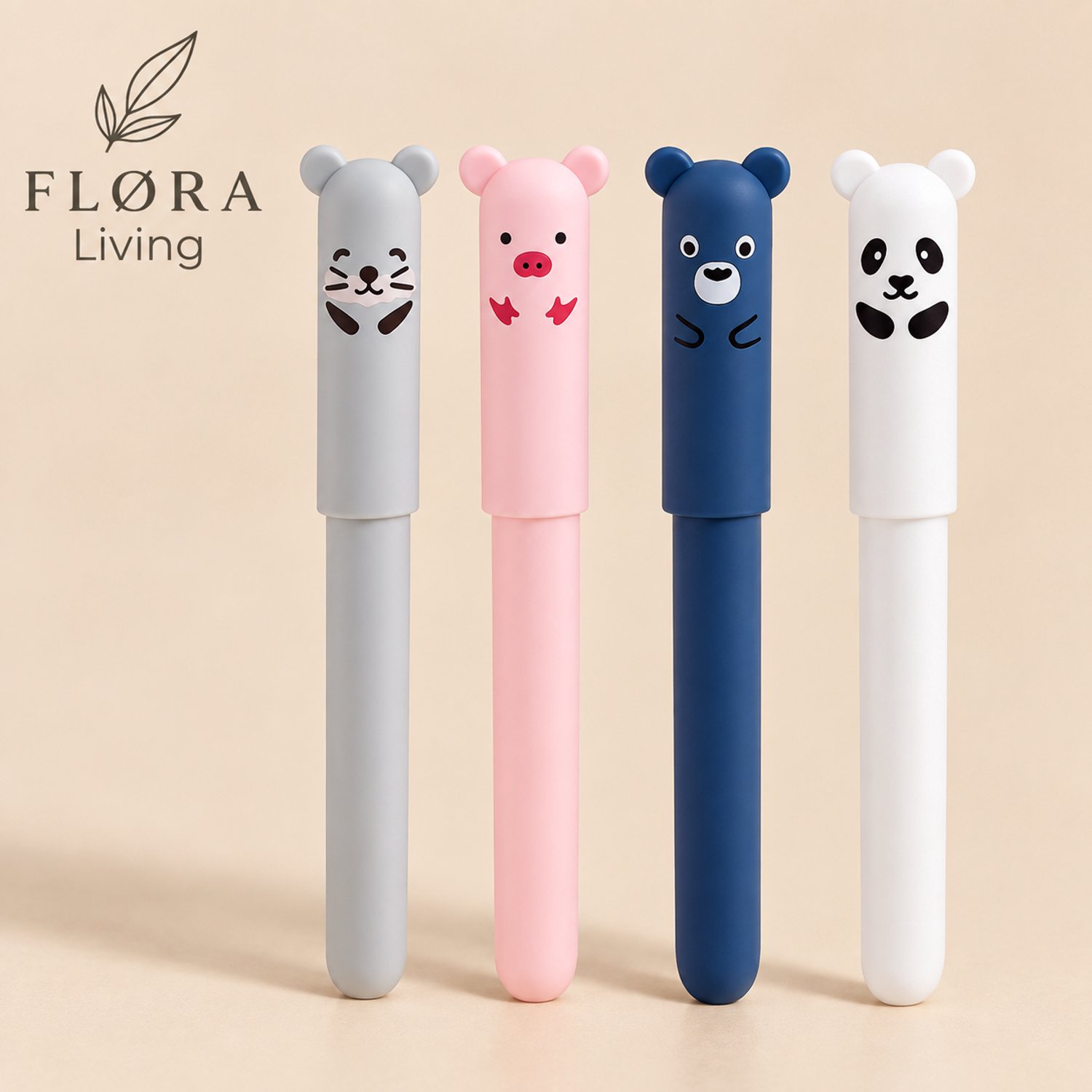 FLØRA Living Uitgumbare Pennen – 4 Stuks – Schattige Dieren Balpen – Uitwisbare Inkt 0.35mm – Rollerbalpen voor School & Kantoor – Zwarte Inkt – Multicolor