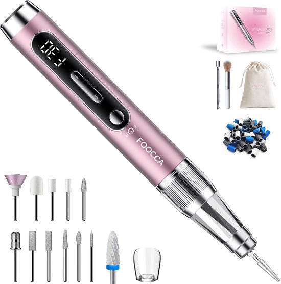 Roze FOOCCA draadloze nagelfrees met display, 12 opzetstukjes, schuurrolletjes, reinigingsborstel en opbergzakje.