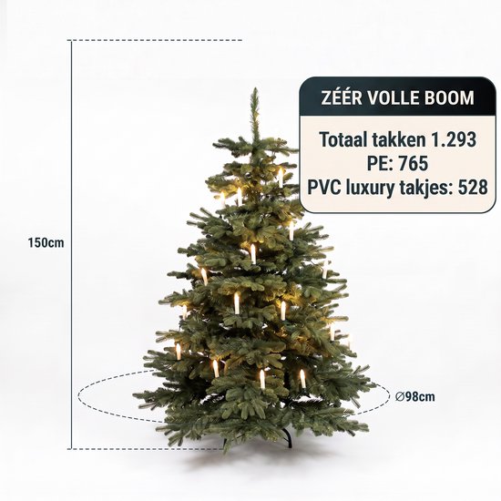 Kunstkerstboom van 150 cm hoog en 98 cm breed met LED-kaarsverlichting, 1.293 takken, PE en luxe PVC.