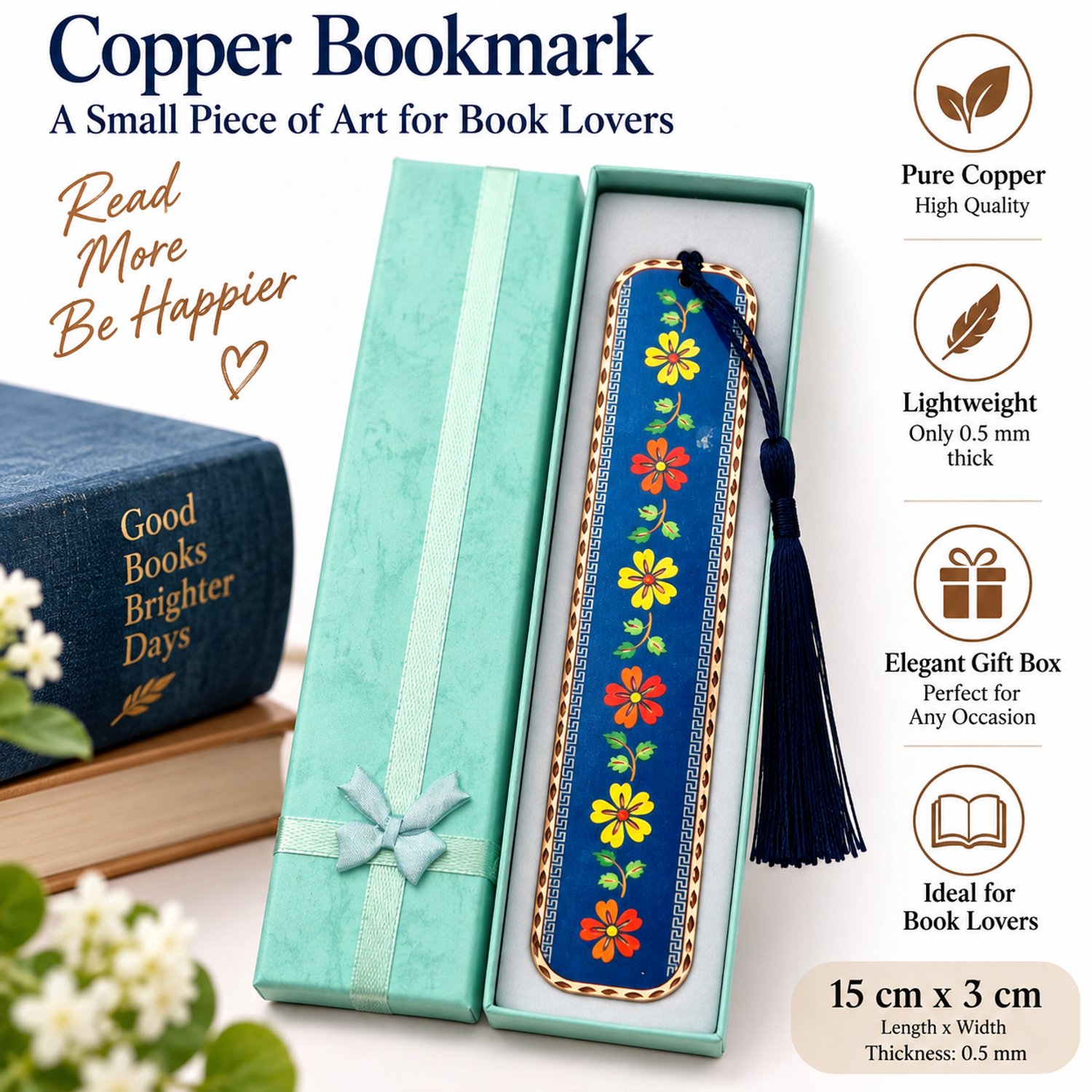 Vintage-geïnspireerde koperen bladwijzer met oosterse charme, handgemaakte koperen bladwijzer met blauw bloemenpatroon en kwastje
