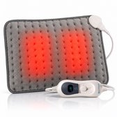 Grijs elektrisch warmtekussen met twee verlichte rode warmtezones en bedieningselement op witte achtergrond.