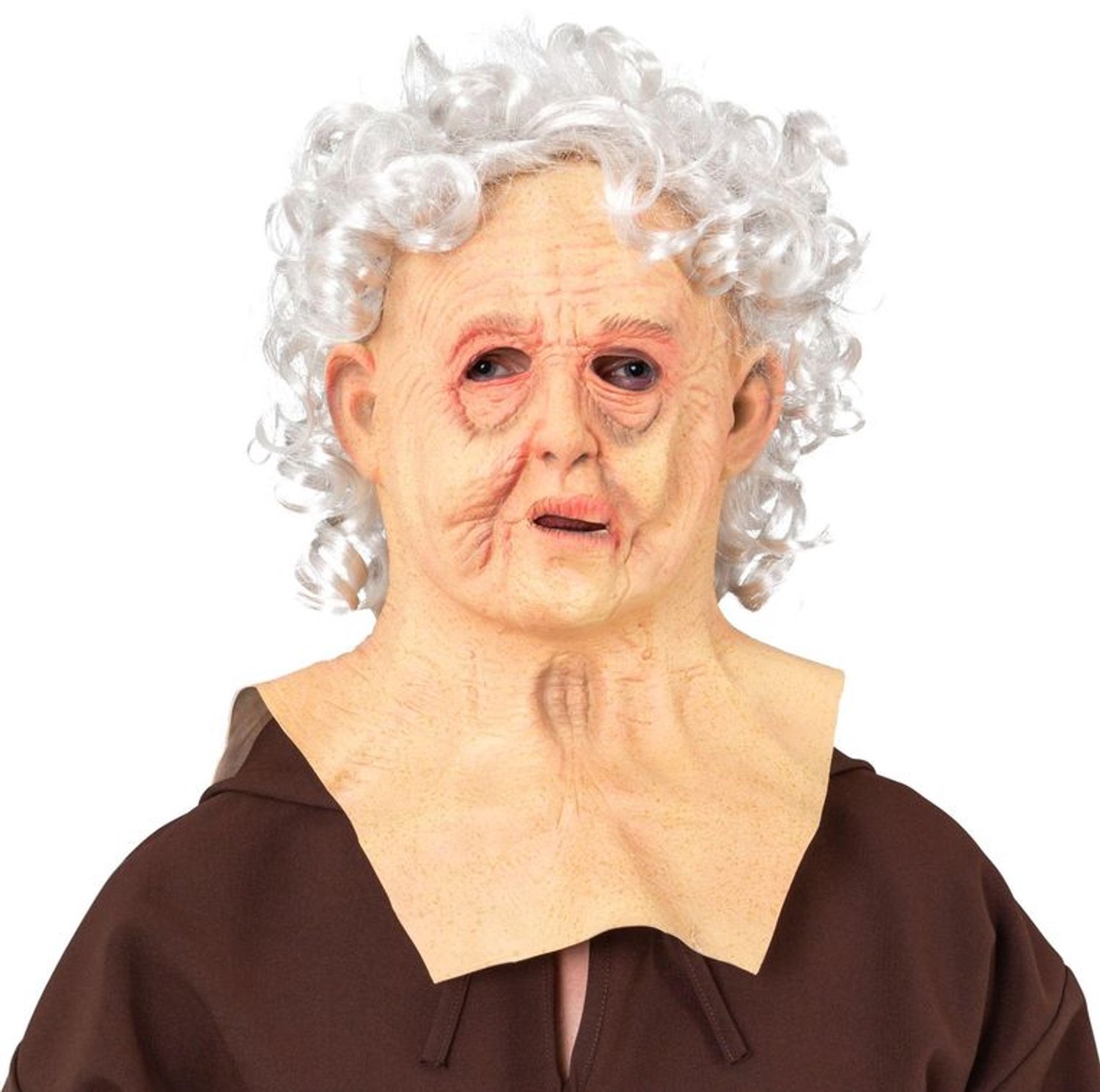 Oma Masker met Grijs Krullend Haar – Latex Verkleedmasker – Halloween & Carnaval