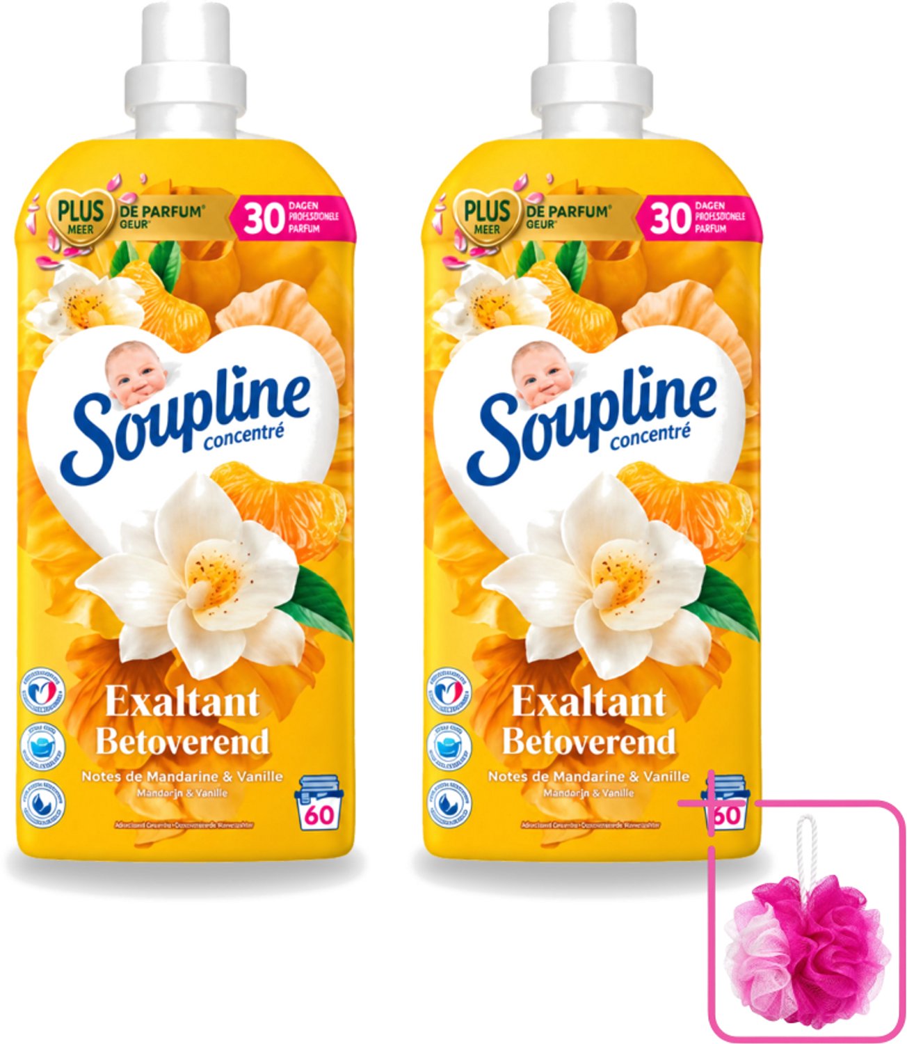 2 x Soupline – Wasverzachter – Betoverend Mandarijn & Vanille – 1,28 L - Bulkverpakking - Wasverzachter - Douchemop - Wasverzachter mandarijn en vanille