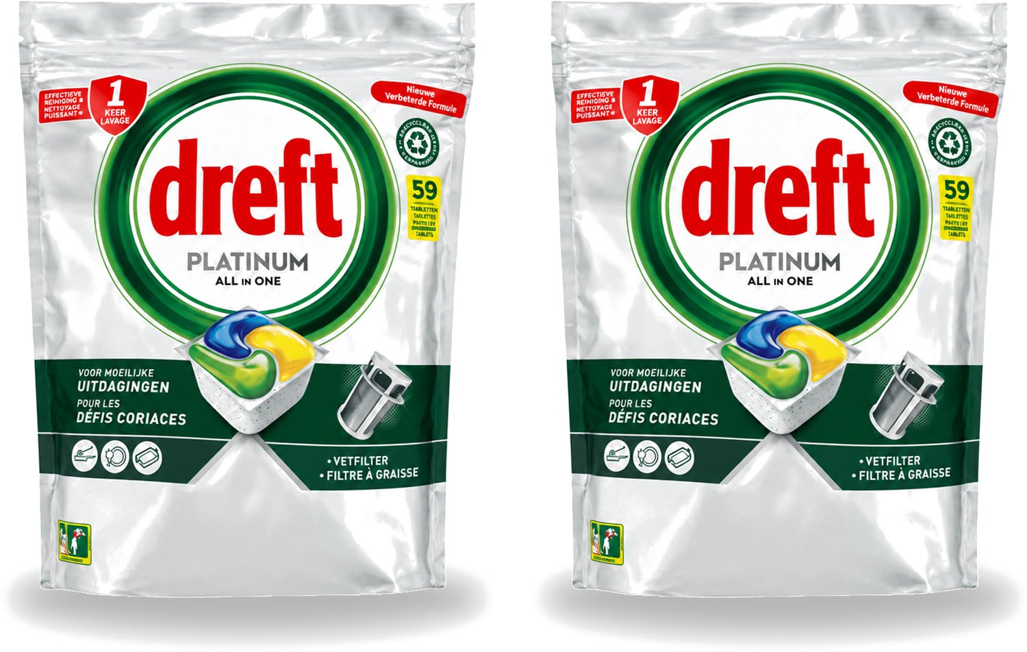 2 x Dreft – Vaatwastabletten – All-in-One Platinum – Lemon – 59 Tabletten - Voordeelverpakking - 2 stuks