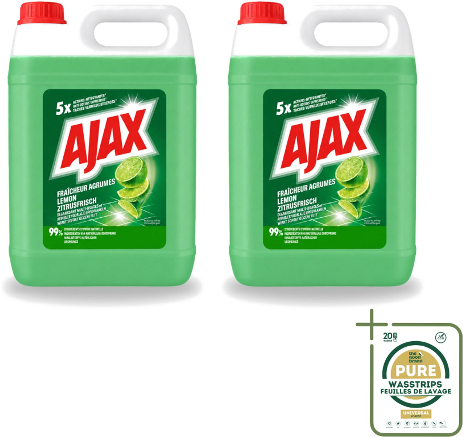 2 x Ajax – Allesreiniger – Limoen – 5000 ml - Wasstrips - Allesreiniger Limoen - Krachtige Reiniger - Vet Verwijderen - Frisse Geur - Biologisch Afbreekbaar
