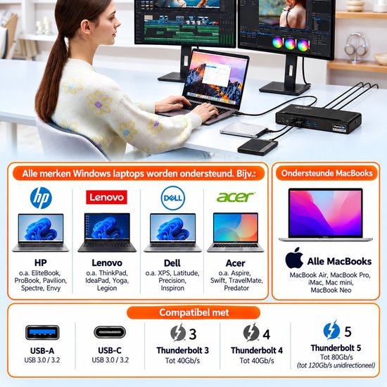 Vrouw gebruikt M-TECK dockingstation met Windows en Mac laptops. Toont compatibiliteit met USB-A, C en Thunderbolt 3-5.