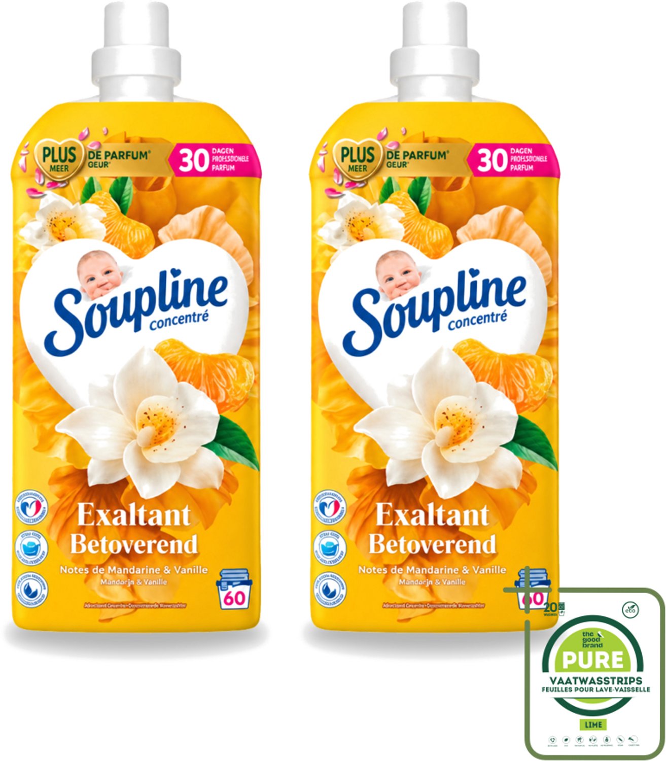 2 x Soupline – Wasverzachter – Betoverend Mandarijn & Vanille – 1,28 L - Grootverpakking - Vaatwasstrips - Wasverzachter - Wasverzachter Mandarijn En Vanille - Wasverzachter Betoverend - Wasverzachter Voor Kleding - Wasverzachter Voor Was