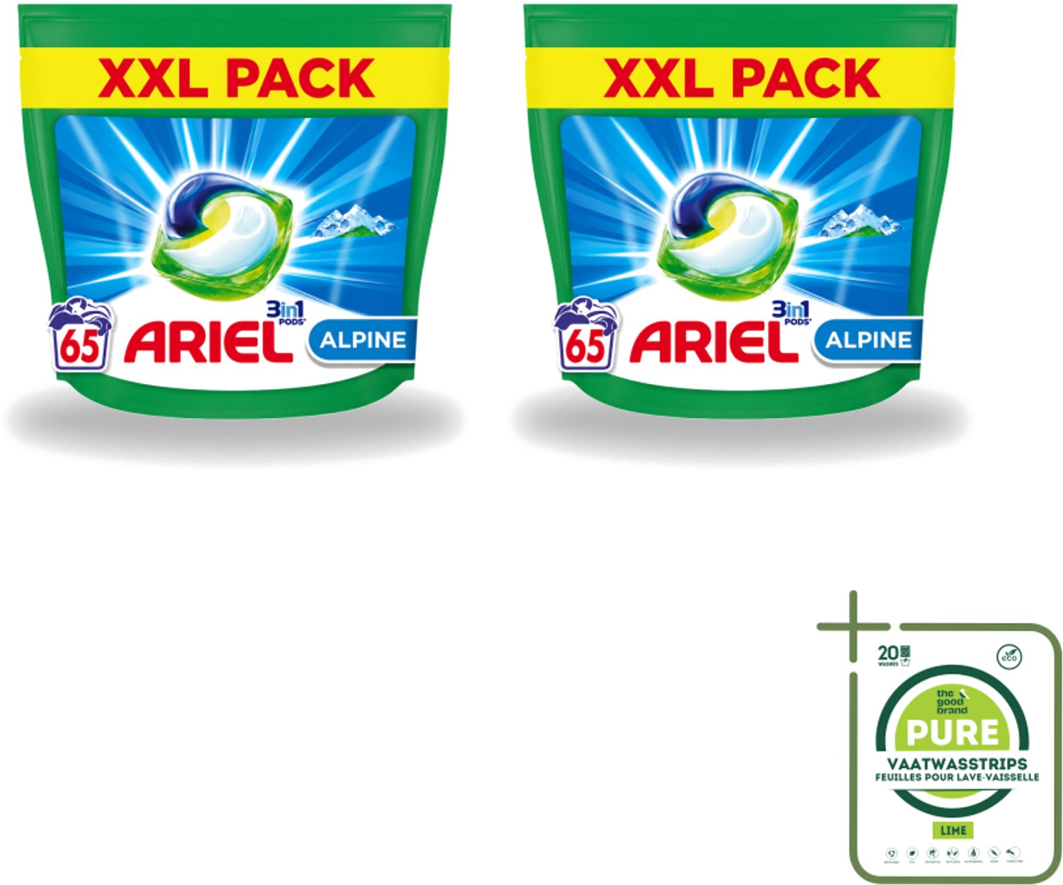 2 x Ariel – Pods 3in1 – Alpine – 1319 g – 65 wasbeurten - Grootverpakking - Vaatwasstrips - Ariel Pods 3in1 Alpine - 65 Wasbeurten - Wasmiddel Pods - Reiniging - Vlekverwijdering