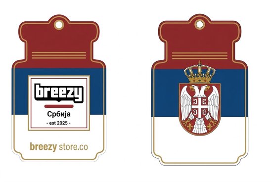 Servische vlag geurhanger met logo 'breezy', tekst 'Србија - est 2025' en 'breezy store.co' en het Servische wapenschild.