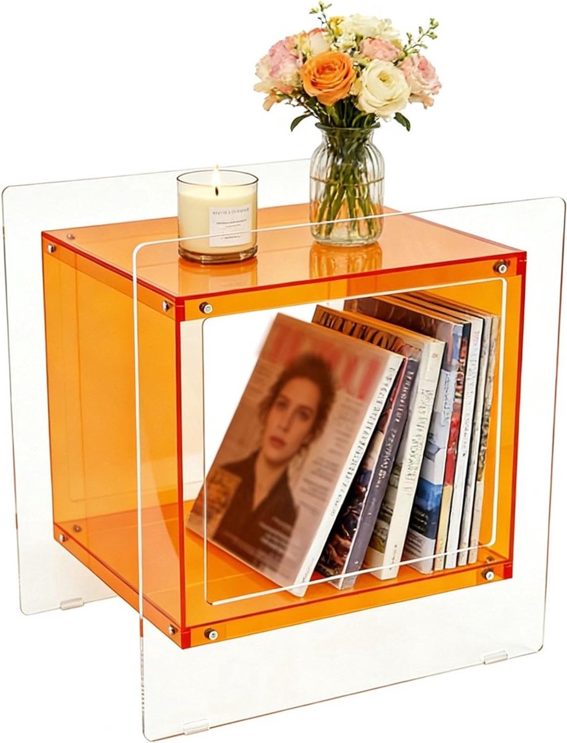 ArtiZo Vierkante acryl bijzettafel - salontafel - nachtkastje - oranje/transparant - 46 x 39.5 x 55 cm (lxbxh) - draagkracht tot 20 kg