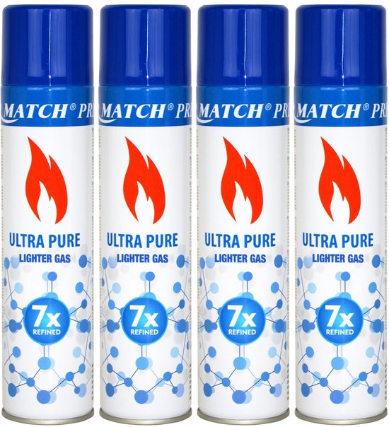 Vier bussen Silver Match Ultra Pure aanstekergas met blauwe dop, vlamlogo en 7x gezuiverde aanduiding.