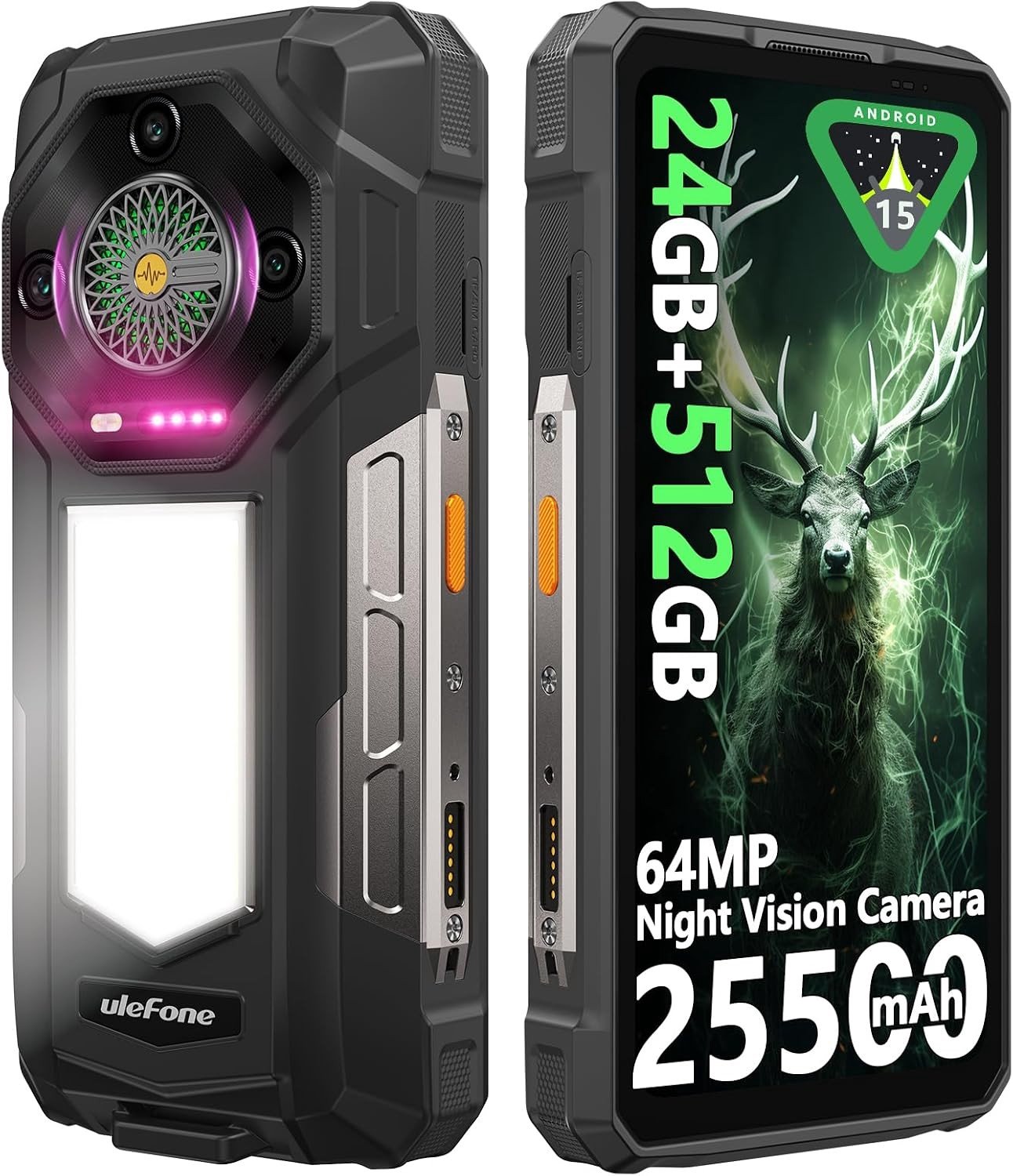 Robuuste Outdoor Smartphone met 25500mAh Batterij, 66W Snelladen, 24GB RAM en 512GB Opslag, 6.95" FHD+ Scherm, 50MP + 64MP Camera en 1100lm LED Licht