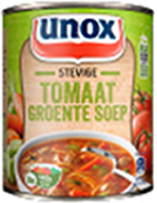 Unox blik stevige tomaten-groentesoep met een afbeelding van een kom verse soep op een groen achtergrond.