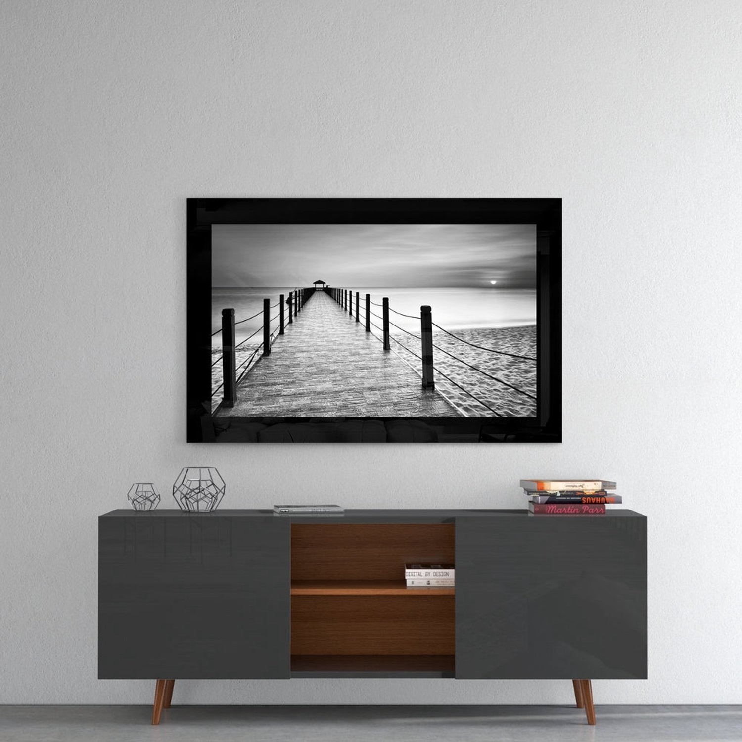 Glasschilderij – Pier met Touwleuning bij Zonsopkomst – Moderne Wanddecoratie