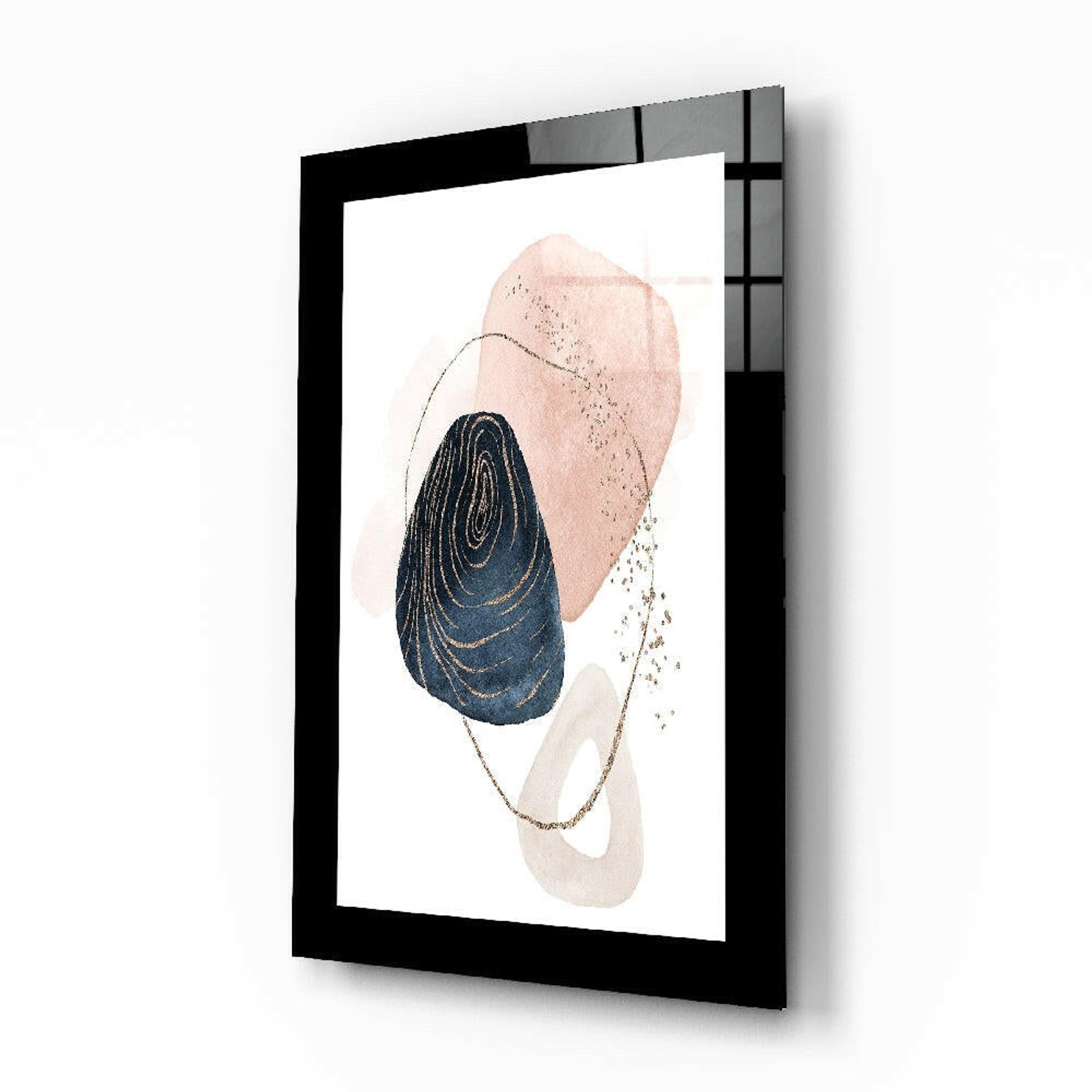 Glasschilderij – Marineblauwe Kiezelstenen en Blush Wolken – Moderne Kunst aan de Muur