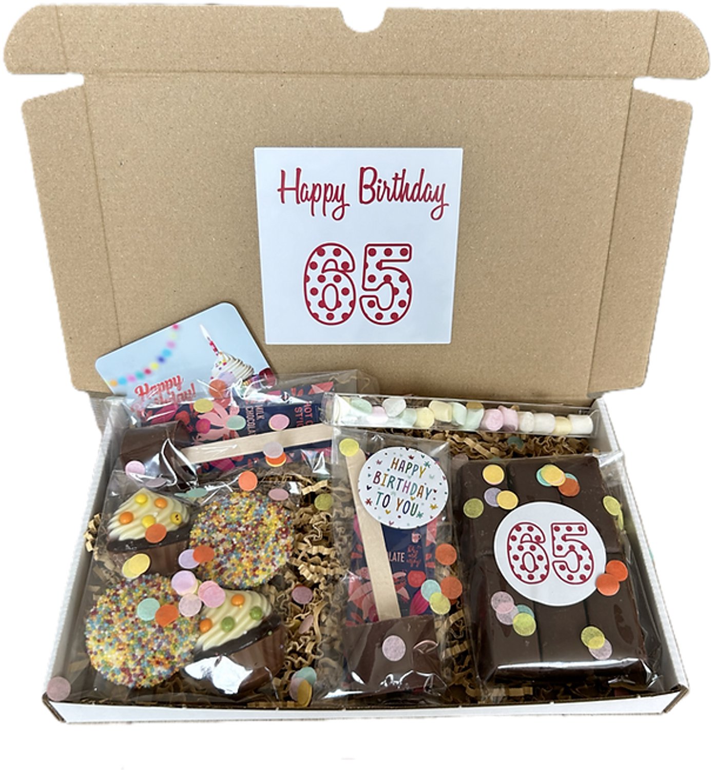 65 Verjaardag chocolade brievenbus cadeau - chocoladestick - marshamallows - cupcake