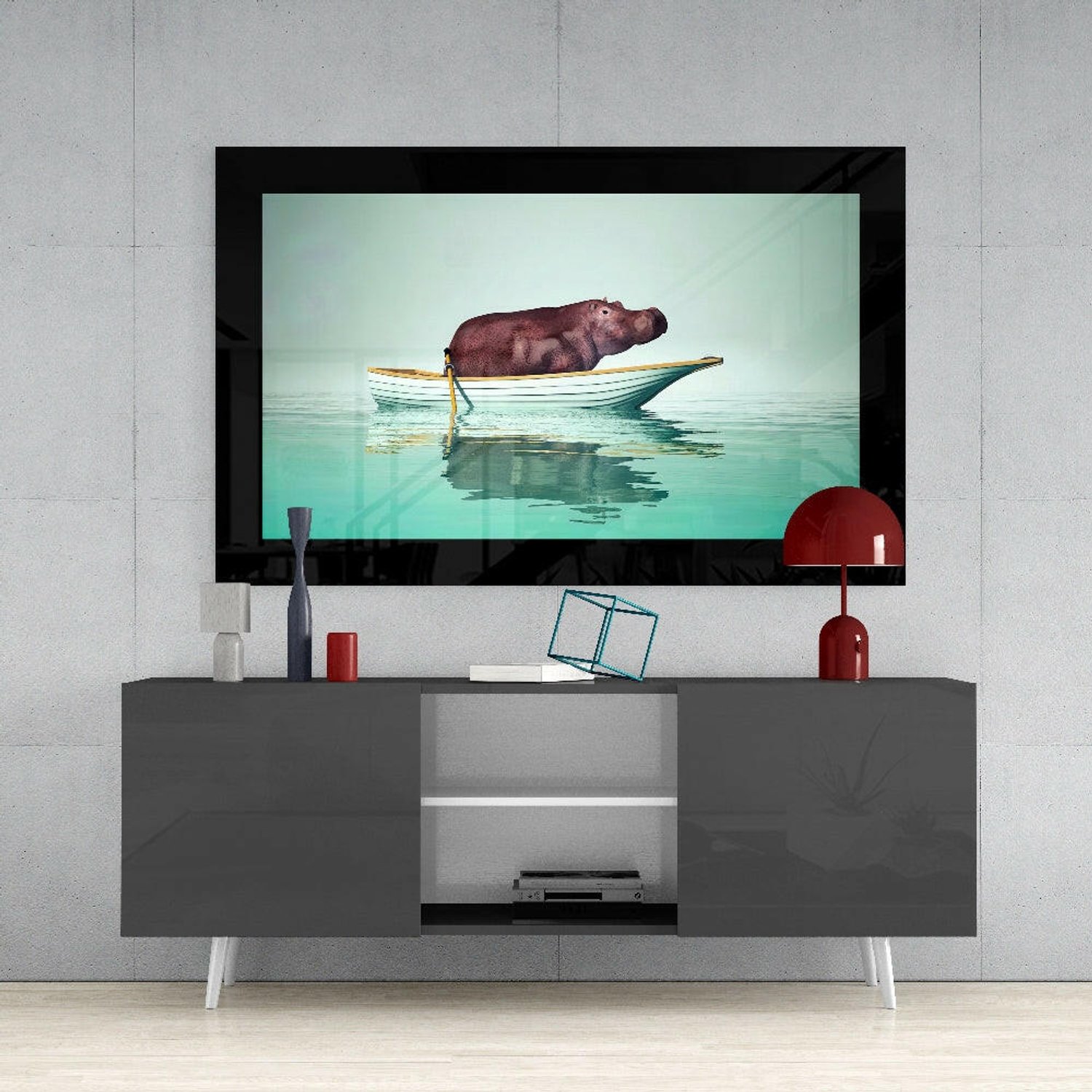 Glasschilderij – Nijlpaard in Roeiboot op Turquoise Zee – Stijlvolle Wanddecoratie
