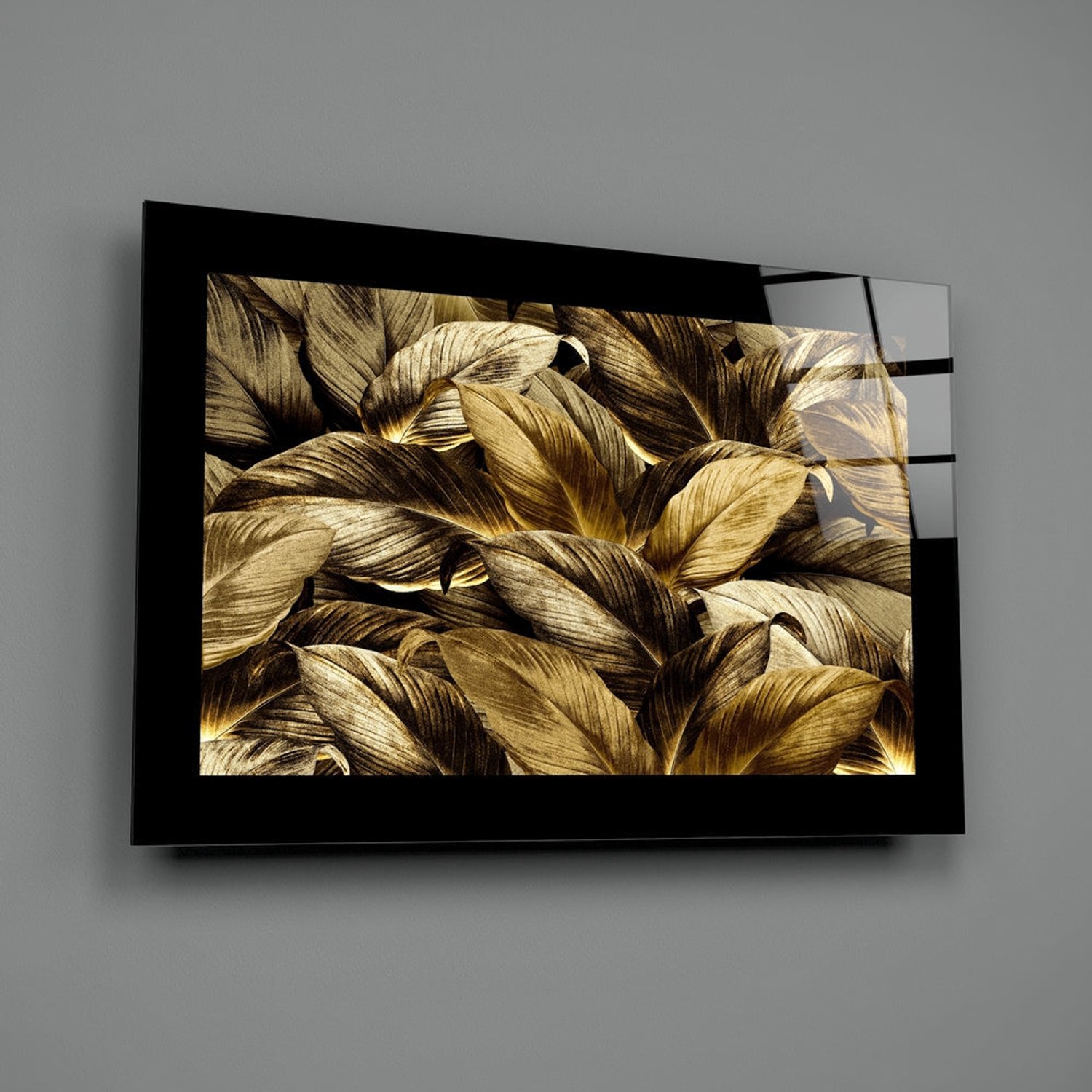 Insigne Art Glasschilderij – Gouden Bladeren – Artistieke Wanddecoratie Meerkleurig
