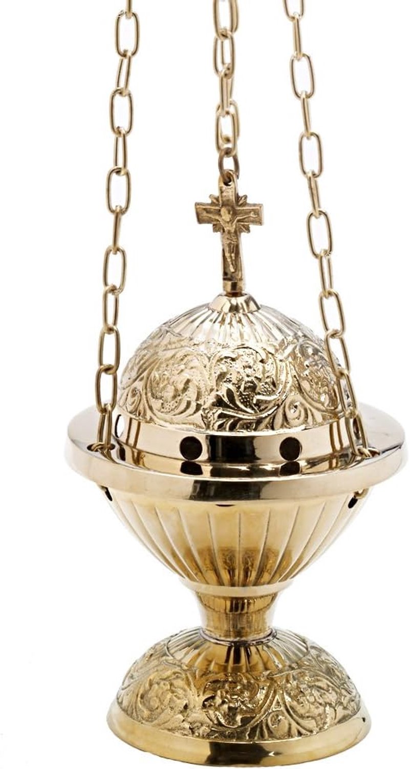 Messing Rookvat Goud met Kruis, Ketting 70 cm en Binnenkom
