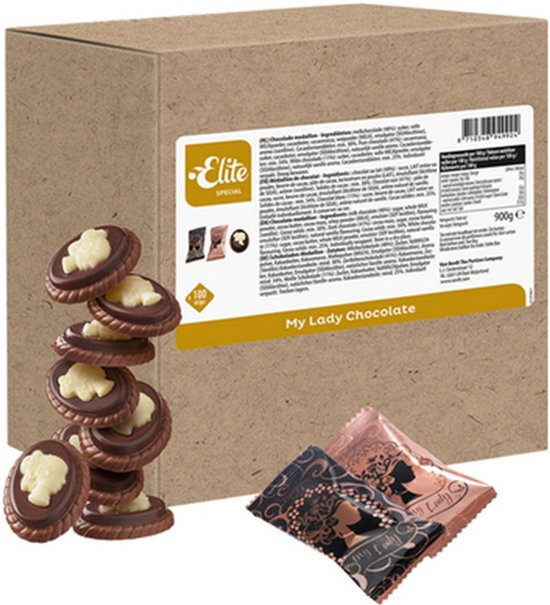 Kartonnen doos Elite My Lady chocolade met een stapel van donkere chocoladekoekjes met een witte damesprofiel-opdruk.