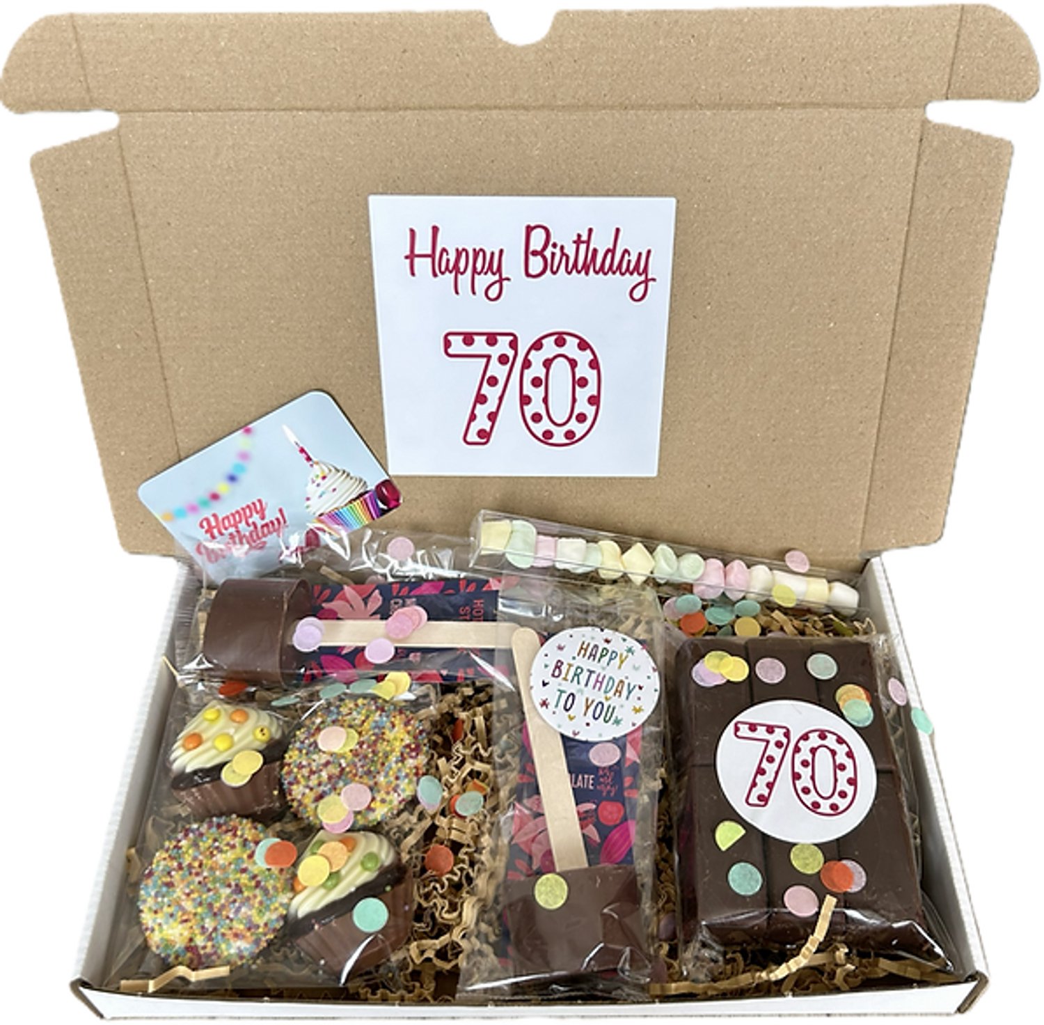 70 Verjaardag chocolade brievenbus cadeau - chocoladestick - marshamallows - cupcake