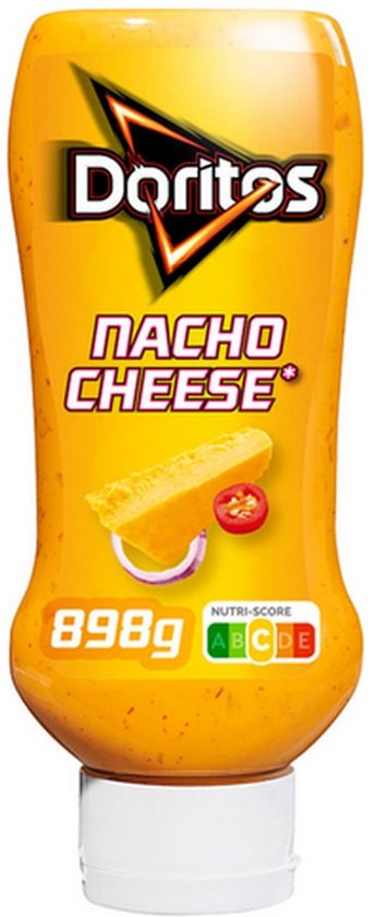 Fles Doritos Nacho Cheese saus van 898g met een afbeelding van kaas en rode peper.
