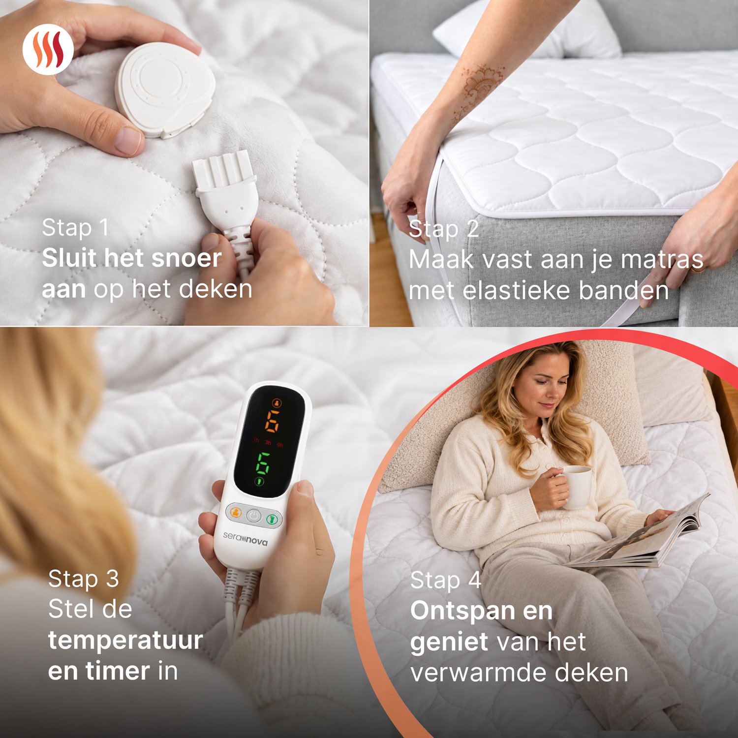Seranova Elektrische Onderdeken XL - 190 x 90 cm - 1 Persoons Warmtedeken - met Hoekelastieken - Verwarmingsdeken - 3 Warmtestanden - met Timer - Wit – foto 3