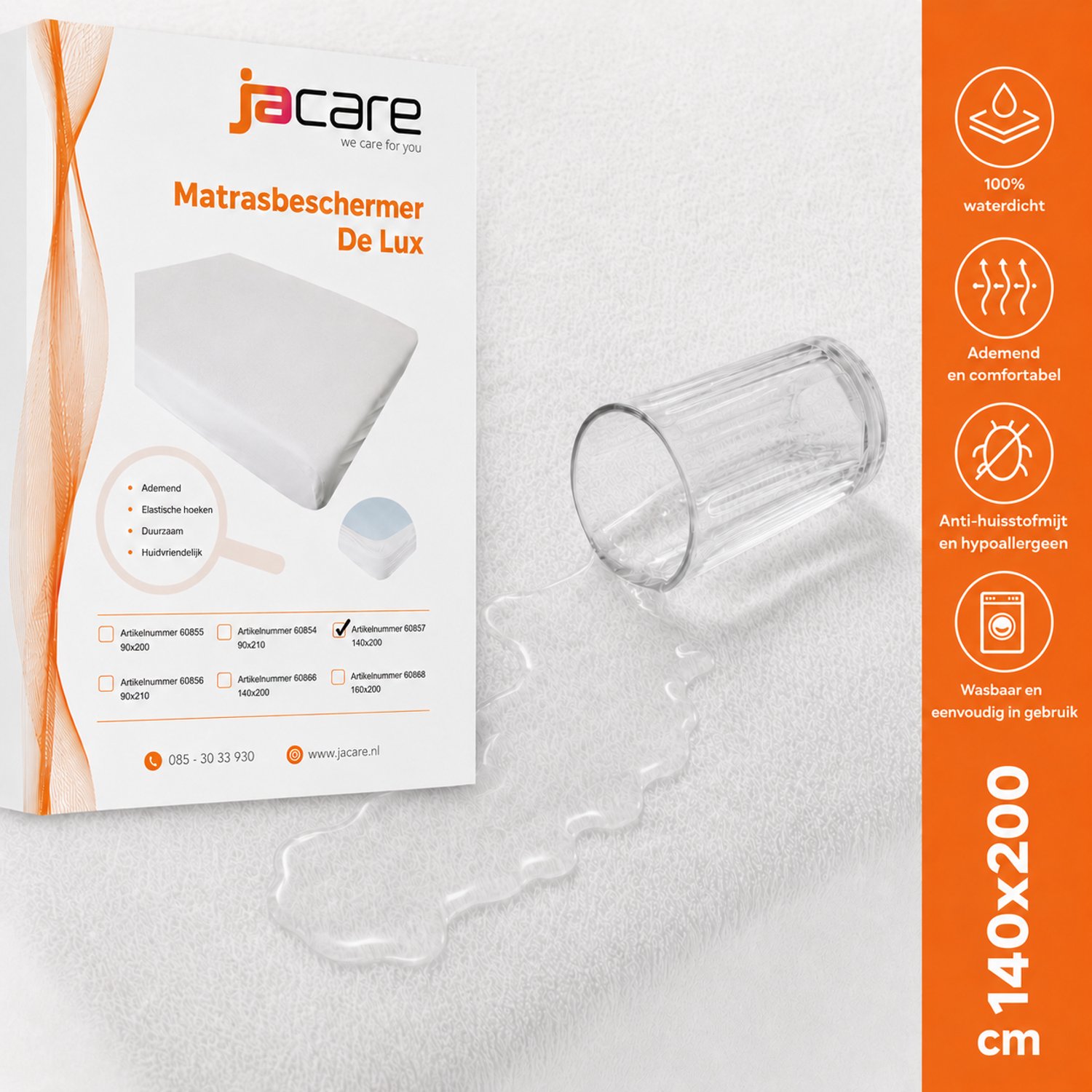 Jacare - Matrasbeschermer 140x200 - Waterdicht & Ademend - Antibacterieel - Hypoallergeen - Rondom Elastiek - Wit