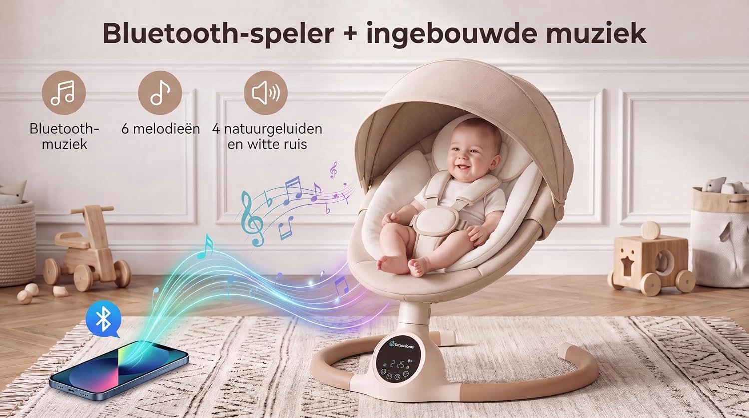 BEBE2LUXE ALPHA Elektrische Babyschommel en Wipstoel, Bluetooth-compatibel, draagbare rustgevende babystoel met schommelbewegingen en ingebouwde geluiden (bruin) – foto 5